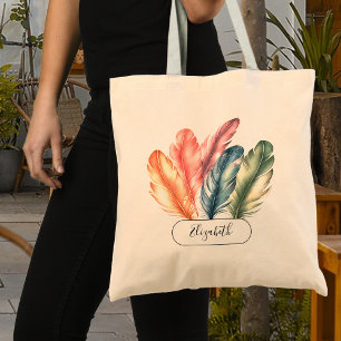 Colourful Watercolor Feathers Black Script Name Tote Bag
