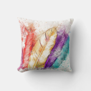 Colourful Watercolor Feathers Cushion