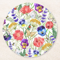 Colourful Watercolor Field Flowers Poppies Coaster