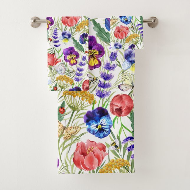 Colourful Watercolor Field Flowers Poppies Towels (Insitu)