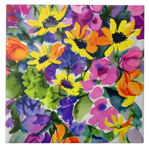 Colourful Watercolor Floral Art Tile