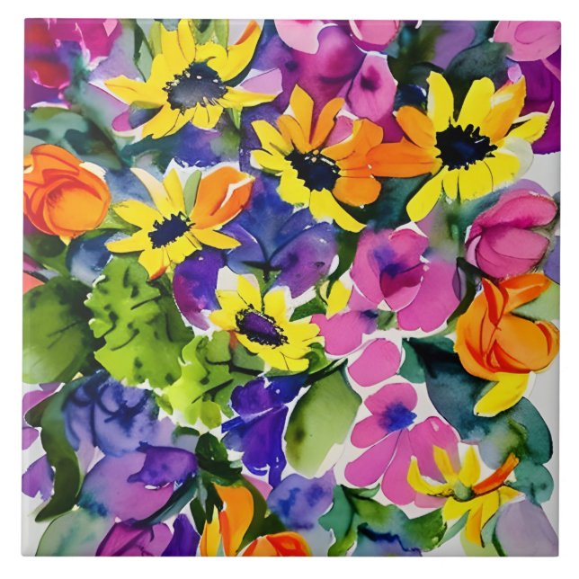 Colourful Watercolor Floral Art Tile (Front)