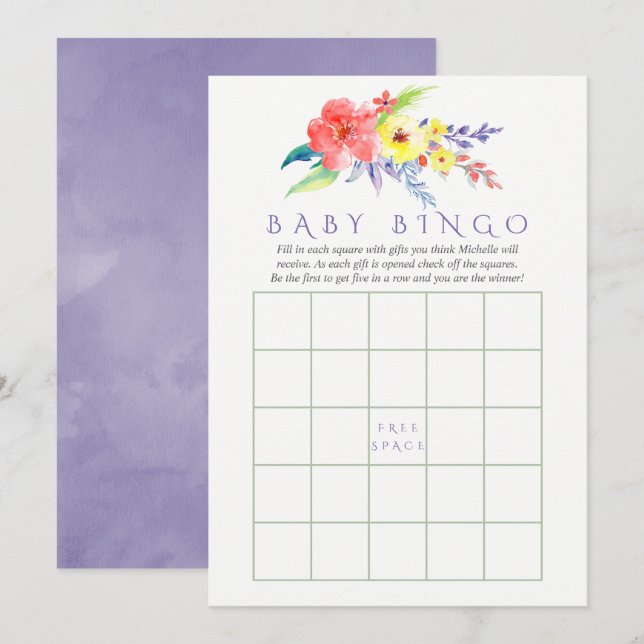 Colourful Watercolor Floral Baby Shower Bingo Invitation (Front/Back)