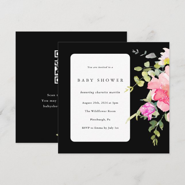 Colourful Watercolor Floral Baby Shower Black Invitation (Front/Back)