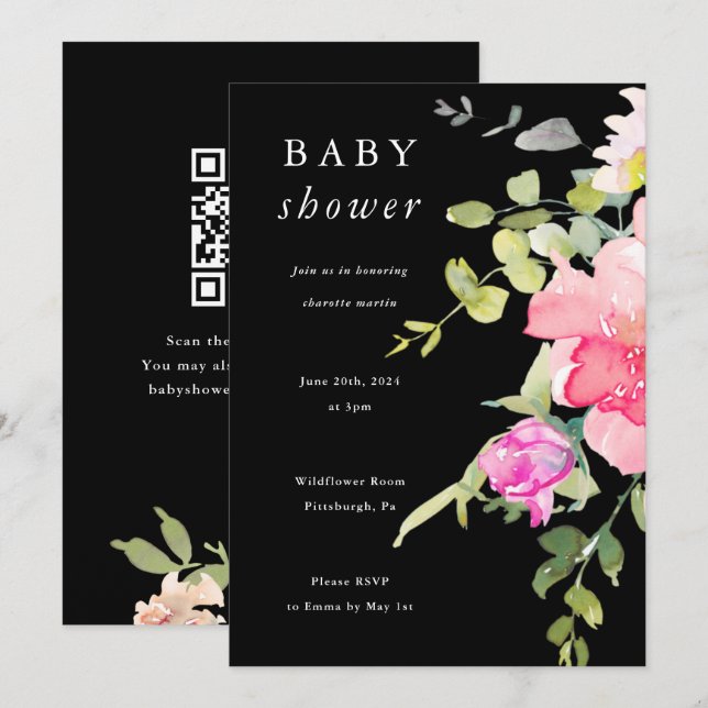 Colourful Watercolor Floral Baby Shower Black Invitation (Front/Back)