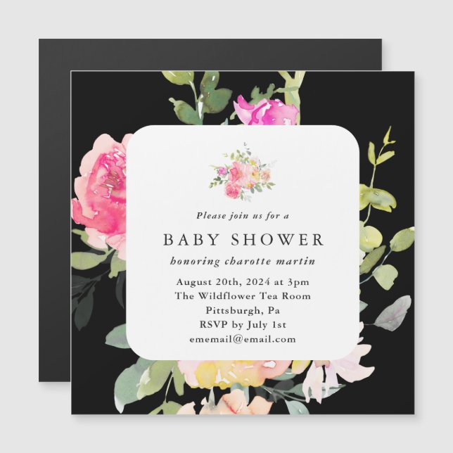Colourful Watercolor Floral Baby Shower Black Magnetic Invitation (Front/Back)