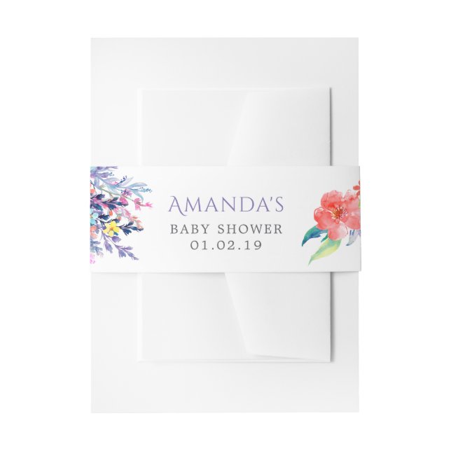 Colourful Watercolor Floral Baby Shower Invitation Belly Band (Front Example)