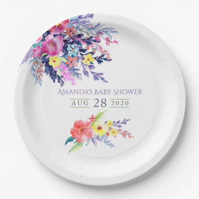 Colourful Watercolor Floral Baby Shower Paper Plate (Front)