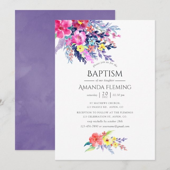 Colourful Watercolor Floral Baptism or Christening Invitation (Front/Back)