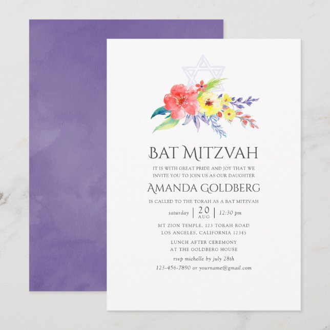 Colourful Watercolor Floral Bat Mitzvah Invitation (Front/Back)