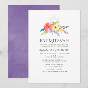 Colourful Watercolor Floral Bat Mitzvah Invitation