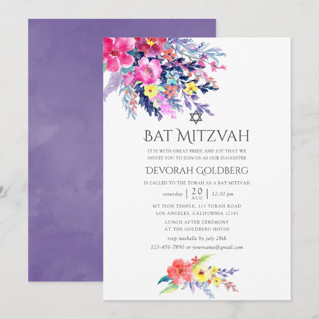 Colourful Watercolor Floral Bat Mitzvah Invitation (Front/Back)