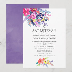 Colourful Watercolor Floral Bat Mitzvah Invitation