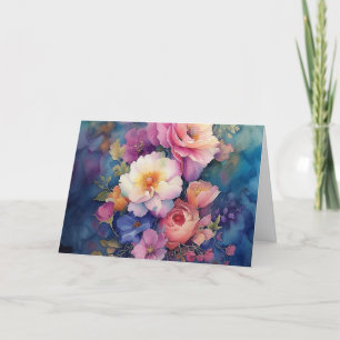 Colourful Watercolor Floral Blank Note Card 