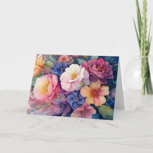 Colourful Watercolor Floral Blank Note Card  (Front)