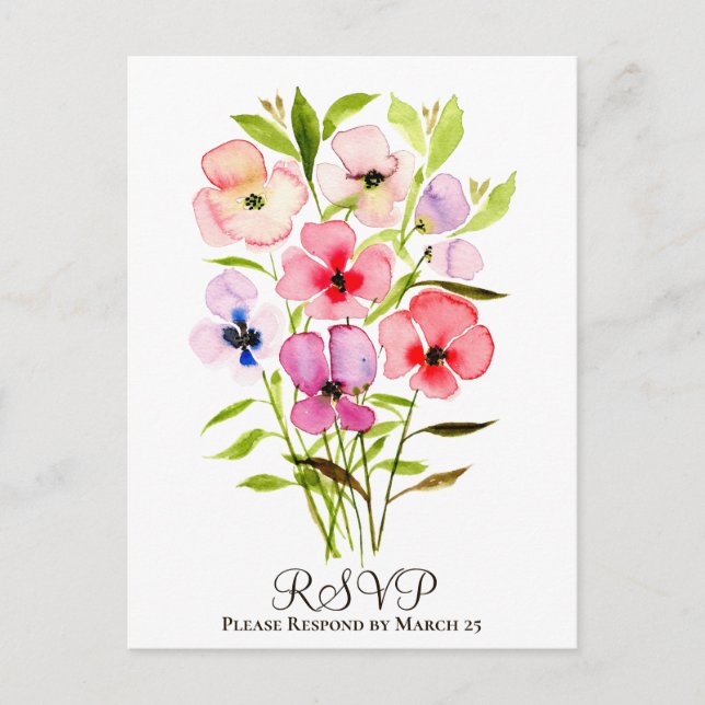 Colourful Watercolor Floral Bouquet Wedding RSVP Postcard (Front)