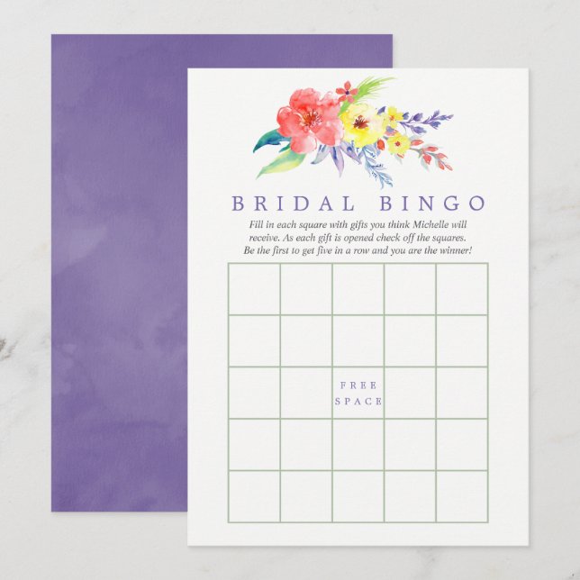 Colourful Watercolor Floral Bridal Shower Bingo Invitation (Front/Back)