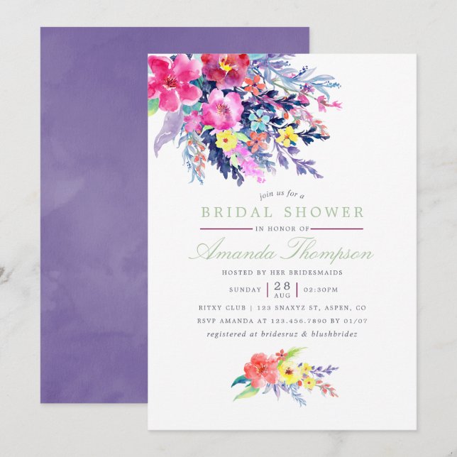 Colourful Watercolor Floral Bridal Shower Invite (Front/Back)