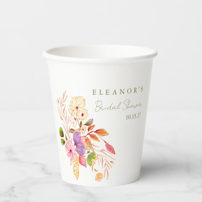 Colourful Watercolor Floral Brunch Bubbly Shower Paper Cups (Front)