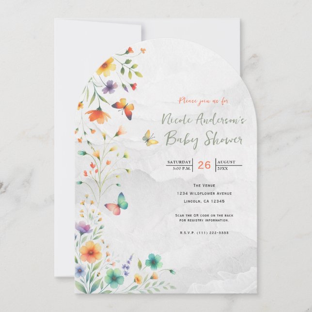 Colourful Watercolor Floral Butterfly Baby Shower Invitation (Front)
