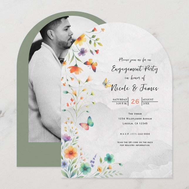Colourful Watercolor Floral Butterfly Engagement Invitation (Front/Back)