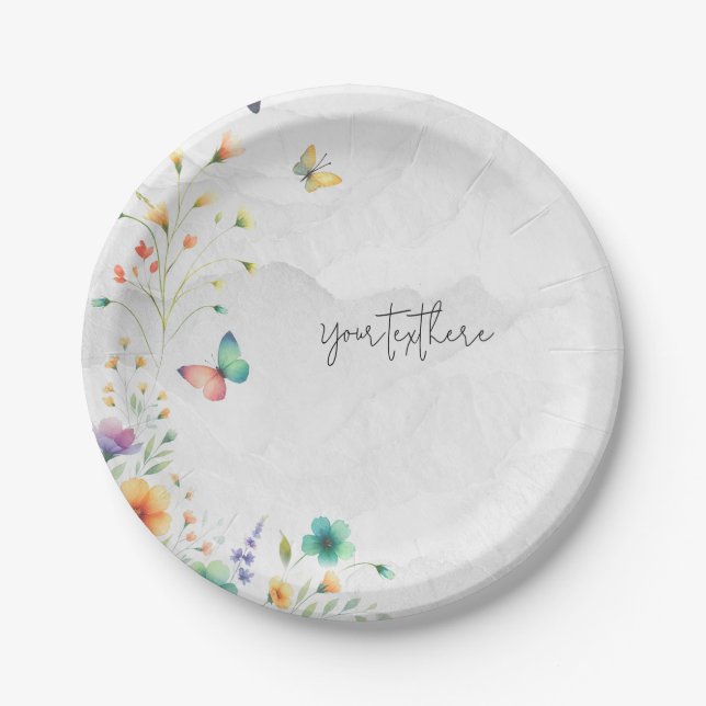 Colourful Watercolor Floral Butterfly  Paper Plate (Front)