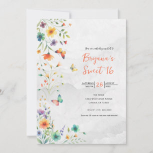 Colourful Watercolor Floral Butterfly Sweet 16 Invitation