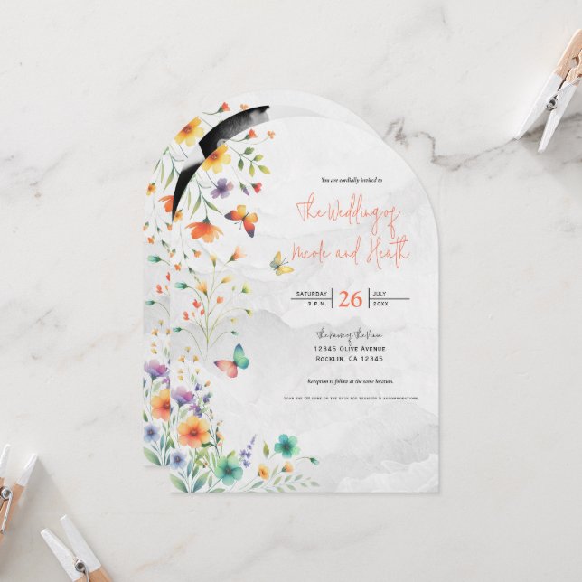Colourful Watercolor Floral Butterfly Wedding Invitation (Front/Back In Situ)