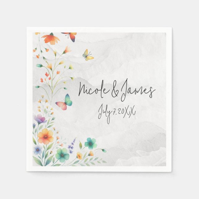 Colourful Watercolor Floral Butterfly Wedding Napkin (Front)