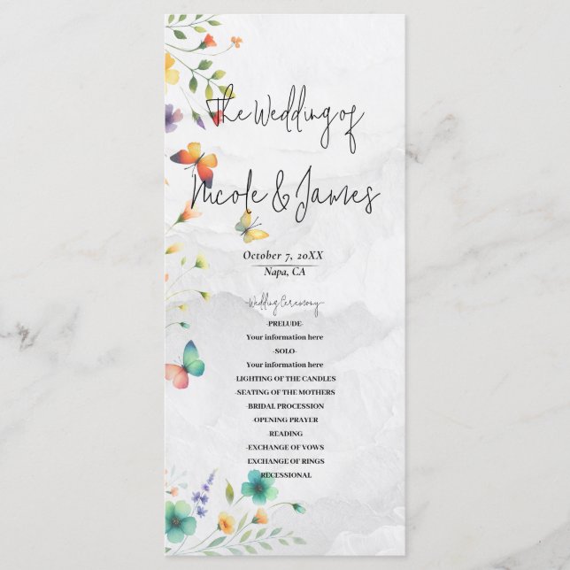 Colourful Watercolor Floral Butterfly Wedding  Programme (Front)
