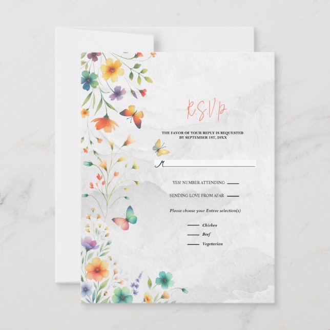 Colourful Watercolor Floral Butterfly Wedding RSVP Invitation (Front)