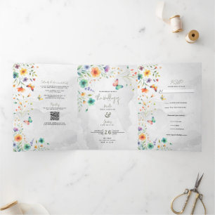 Colourful Watercolor Floral Butterfly Wedding Tri-Fold Invitation