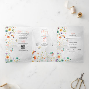 Colourful Watercolor Floral Butterfly Wedding Tri-Fold Invitation