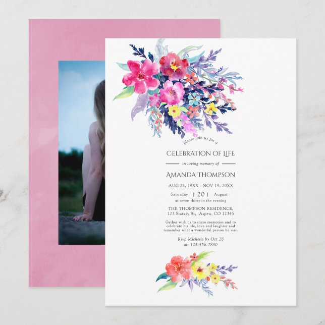Colourful Watercolor Floral Celebration of Life Invitation (Front/Back)