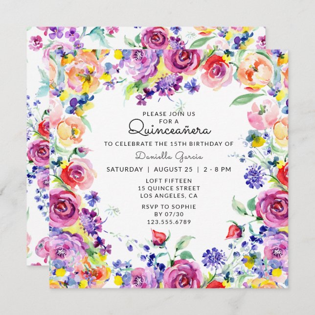 Colourful Watercolor Floral Chic Quinceañera Invitation (Front/Back)
