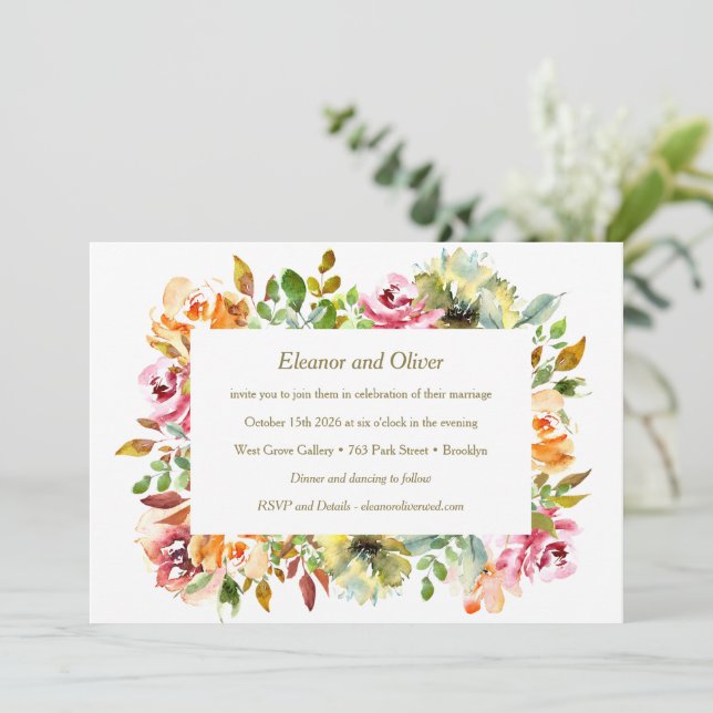 Colourful Watercolor Floral Earthy Greenery Weddin Invitation (Standing Front)