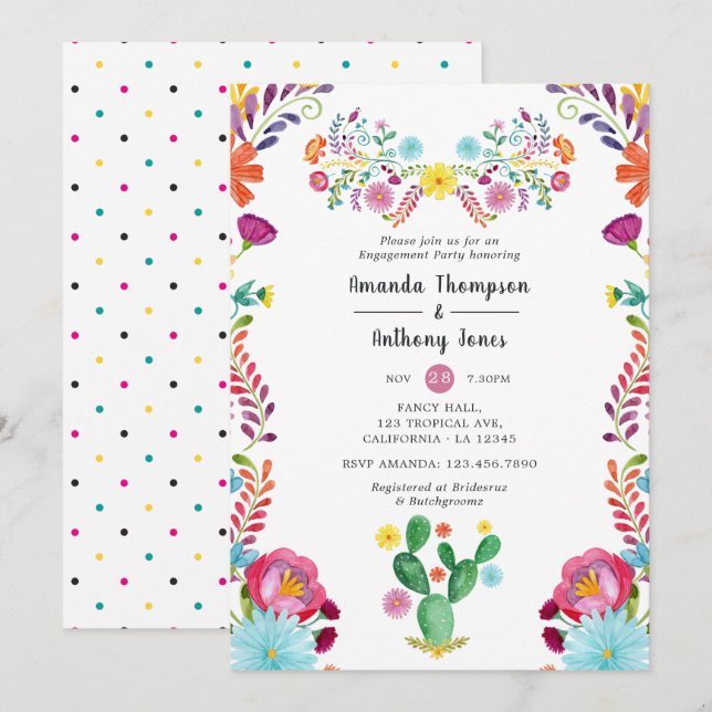 Colourful Watercolor Floral Fiesta Engagement Part Invitation (Front/Back)