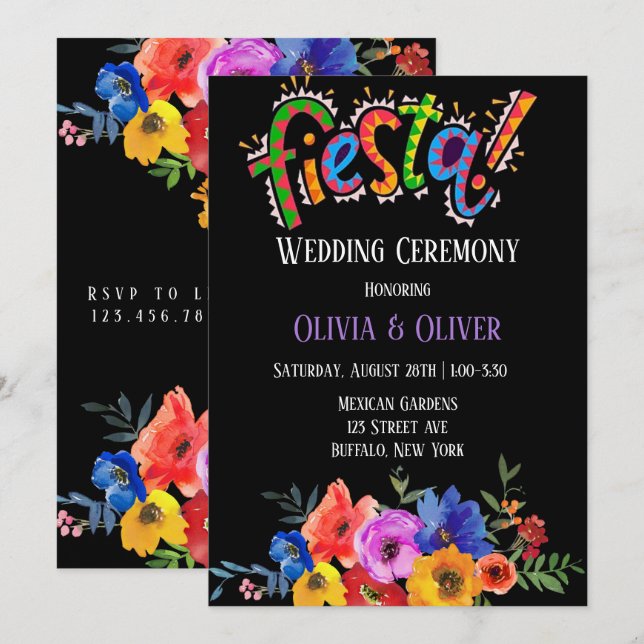 Colourful Watercolor Floral Fiesta Wedding Invitation (Front/Back)