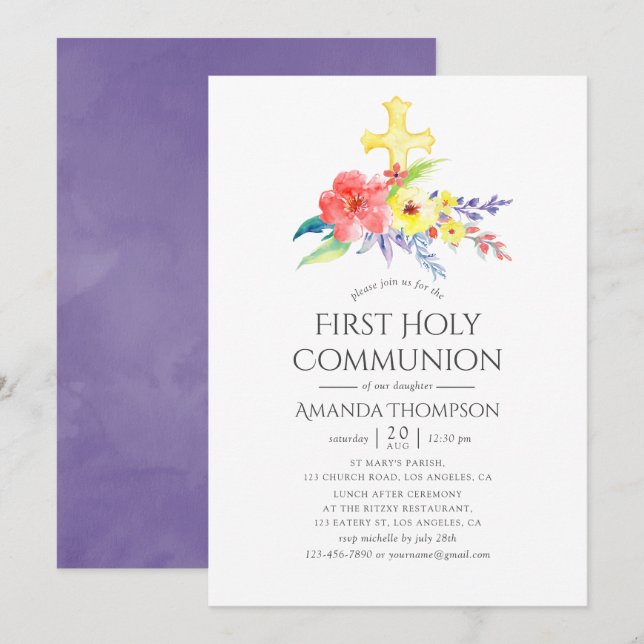 Colourful Watercolor Floral First Holy Communion Invitation (Front/Back)