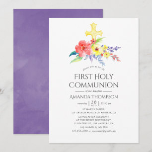 Colourful Watercolor Floral First Holy Communion Invitation