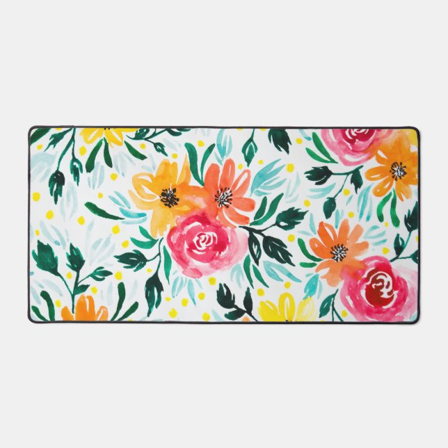Colourful Watercolor Floral Illustration Pattern Desk Mat (Front)