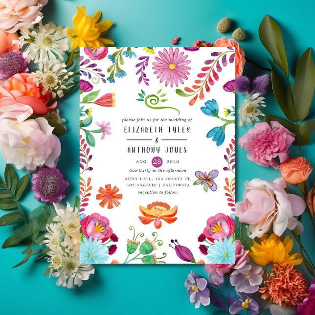 Colourful Watercolor Floral Mexican Fiesta Wedding Invitation (Creator Uploaded)