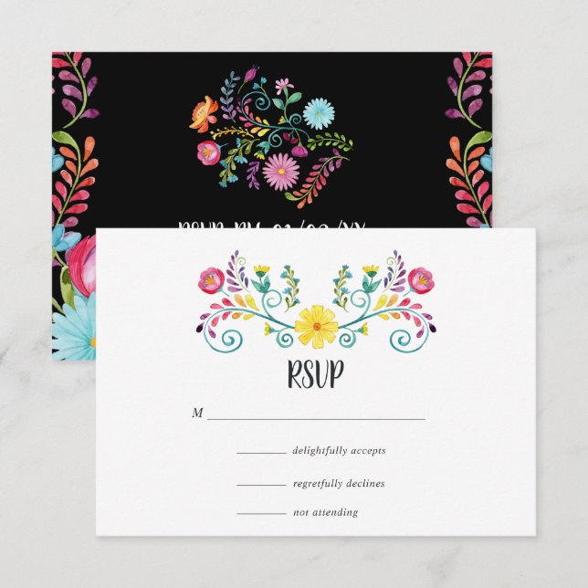 Colourful Watercolor Floral Mexican Fiesta Wedding RSVP Card (Front/Back)