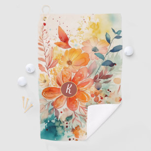 Colourful Watercolor Floral Monogram Golf Towel