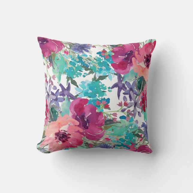 Colourful Watercolor Floral Pattern Cushion (Front)