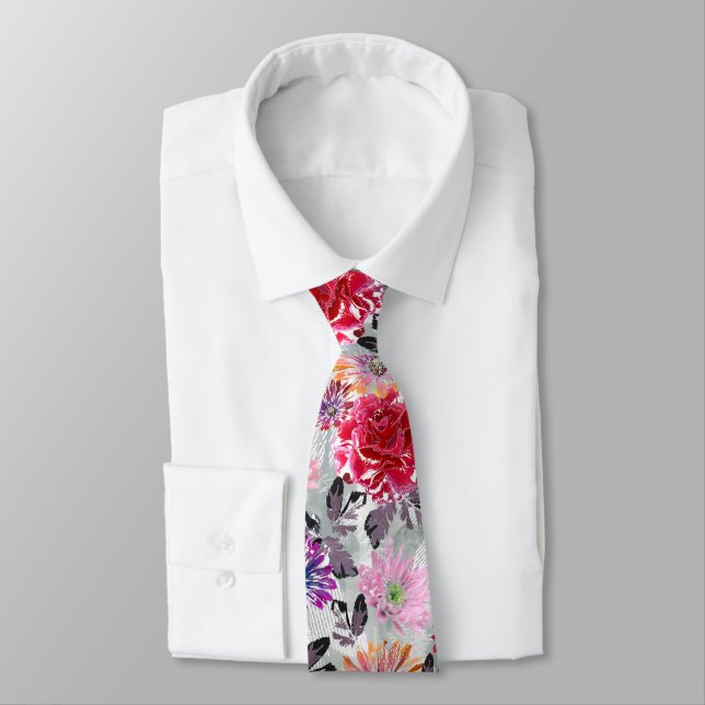 Colourful watercolor floral pattern. neck tie (Tied)