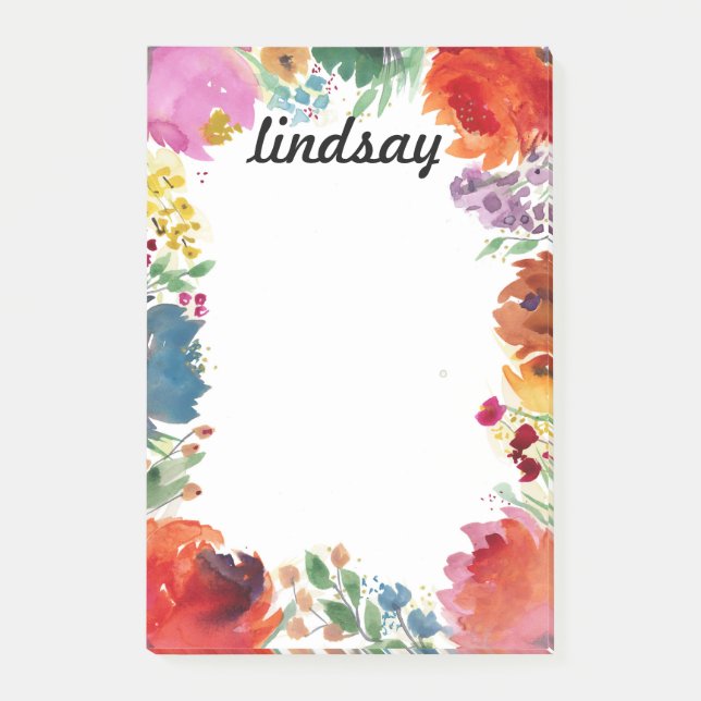 Colourful Watercolor Floral Personalised Stationer Post-it Notes (Front)