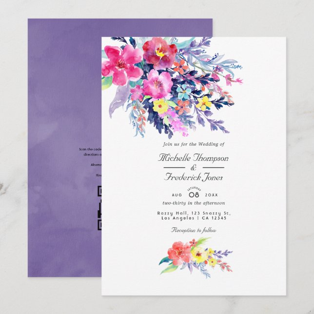 Colourful Watercolor Floral QR Code RSVP Wedding Invitation (Front/Back)