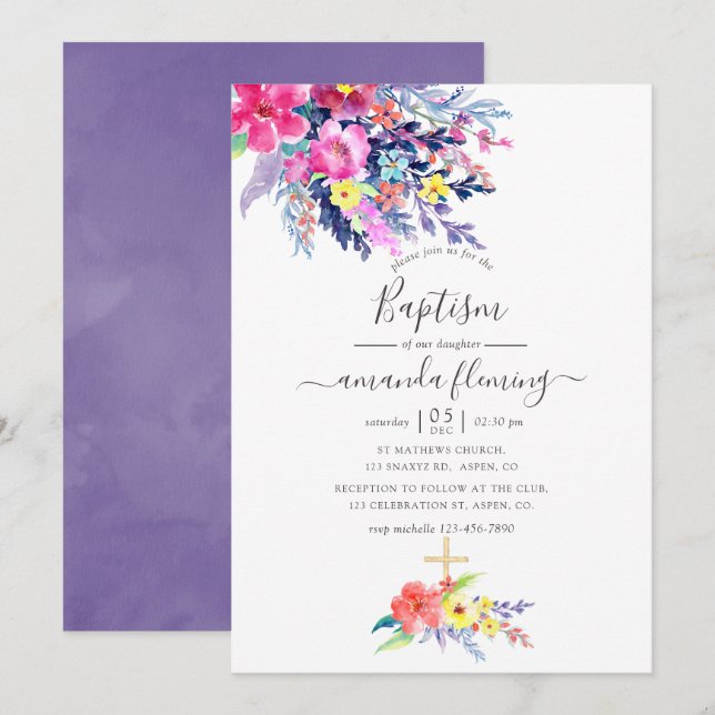Colourful Watercolor Floral Spring Baptism Invitation (Front/Back)