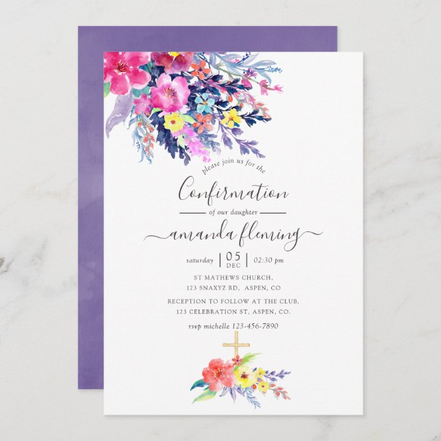 Colourful Watercolor Floral Spring Confirmation Invitation (Front/Back)